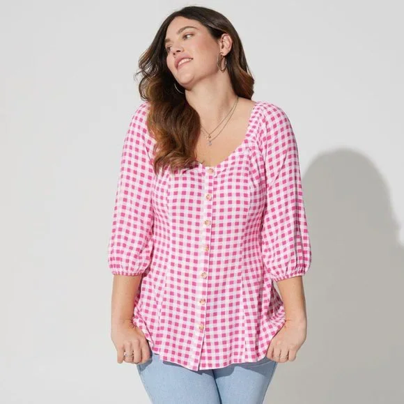 Torrid Fit & Flare Rayon Slub Button Up 3/4 Sleeve Pink Gingham Top - Picture 1 of 14